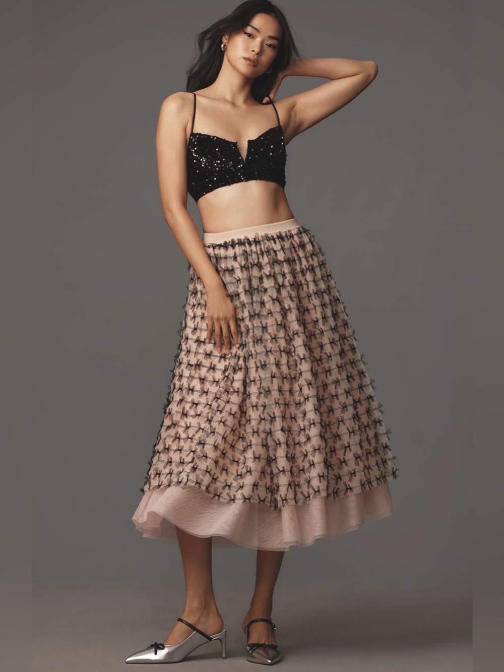 Anthropologie Maeve All Over Bow Tulle Midi Skirt Size XL
